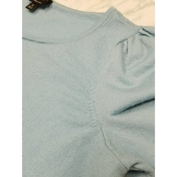 Talbots Gathered Shoulder Blue Merino‎ Wool Sweater Pearl Buttons at Cuffs Sz XP - Picture 15 of 16